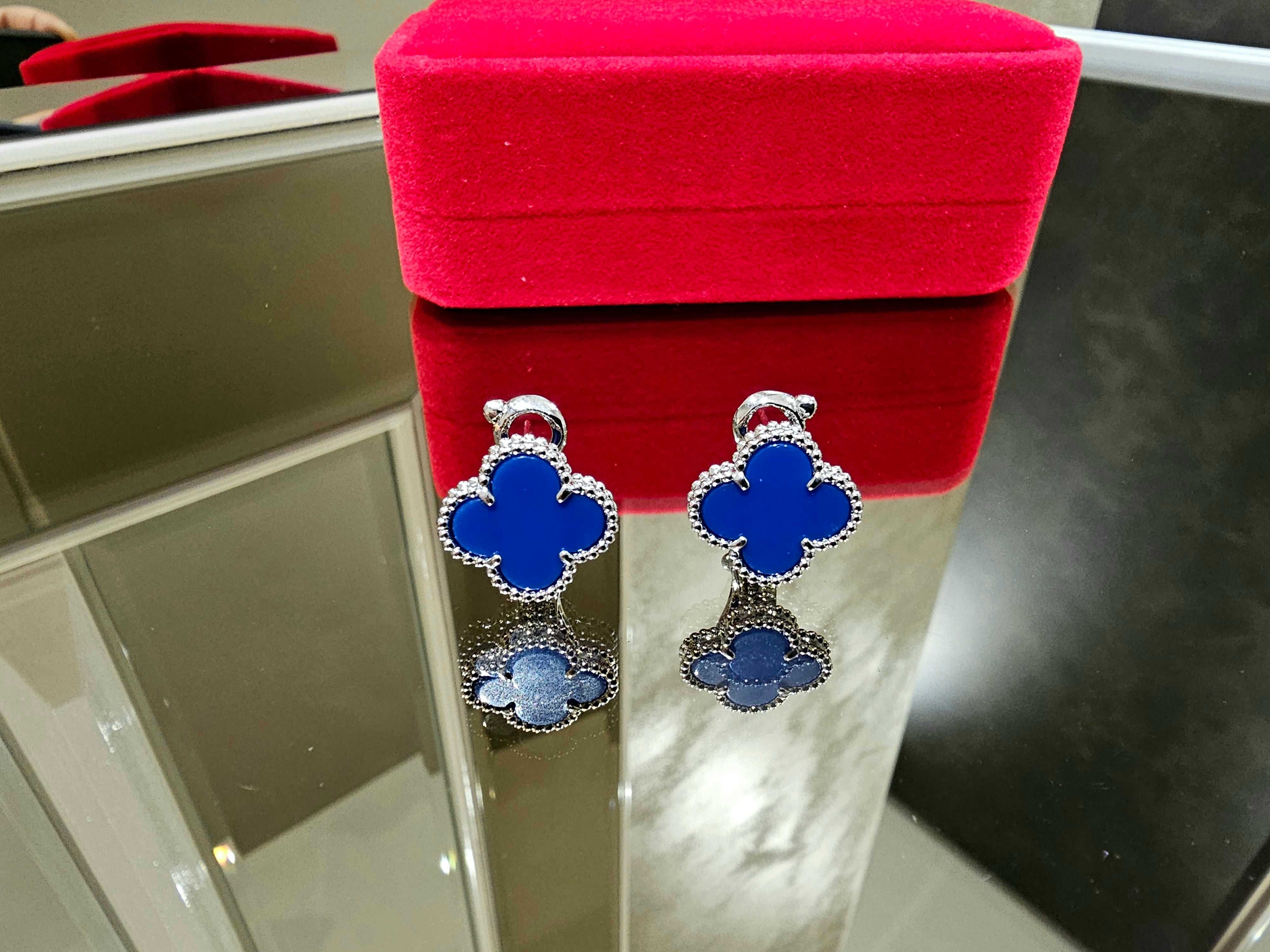 Van Cleef & Arpels VCA Silver Blue Agate Alhambra Clover Дамски Обеци