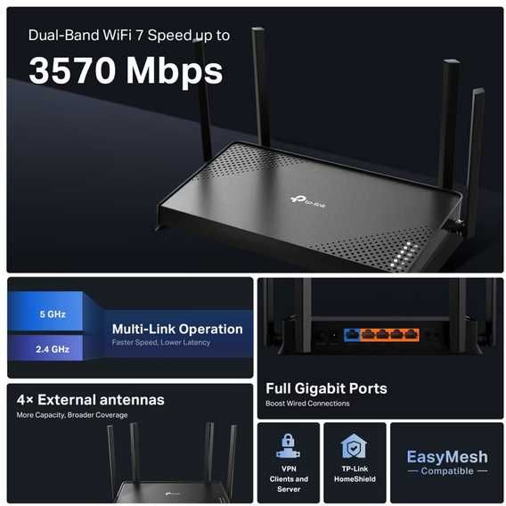 Router Wireless TP-Link Archer BE220, BE3600,Dual-Band,Wi-Fi 7,Gigabit