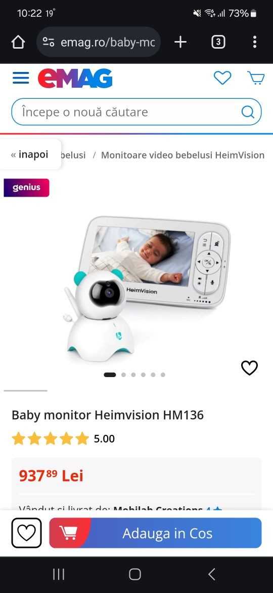 Baby monitor HeimVision HM136 cu night vision si ecran LCD HD 5 inch