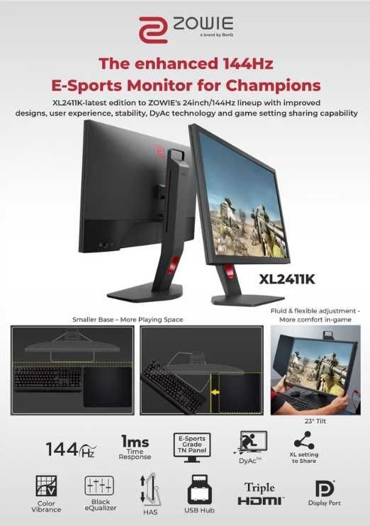 Monitor Gaming LED BENQ ZOWIE 24", XL2411K, Full HD, 144 Hz, 0.5 ms