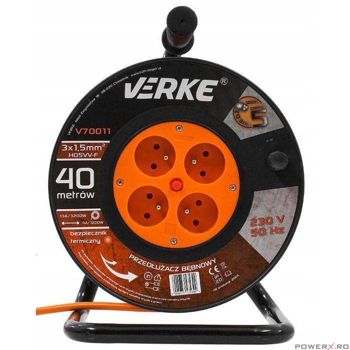 Rola prelungitor cablu cu cadru metalic, 40 metri 3 x 1,5 mm, Verke