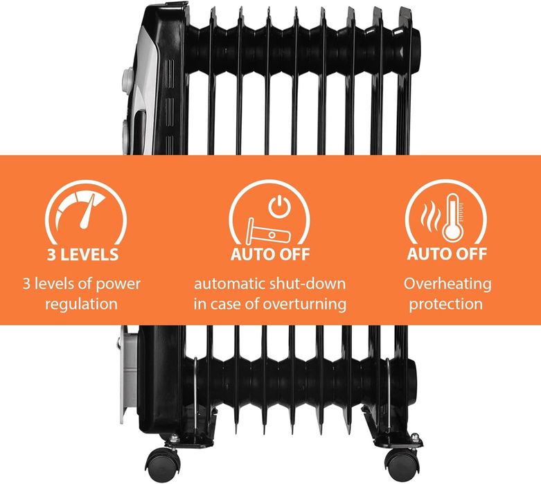 Маслен радиатор 2000 W, ръчен термостат, 3 нива на мощност