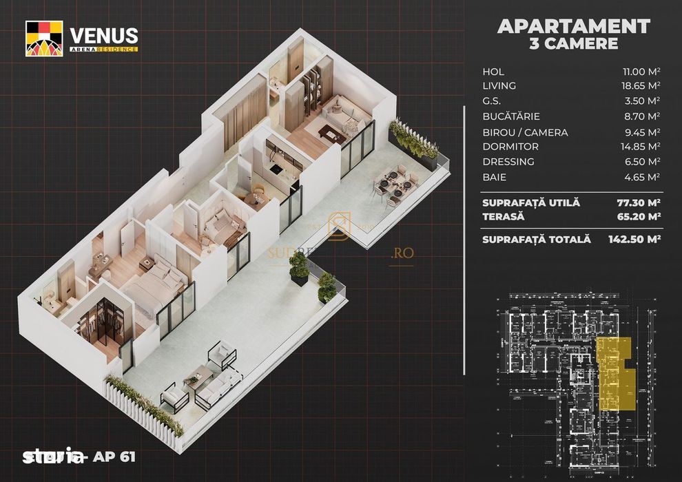Apartament decomandat, 3 camere, terasa 65 mp - Aparatorii Patriei
