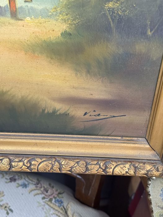 красива стара картина маслени бои платно с автор