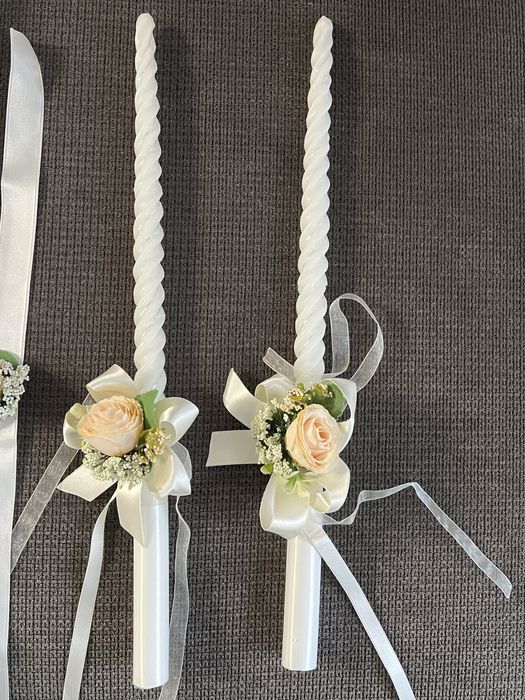 Комплект свещи за сватба, със украса и за бутилка