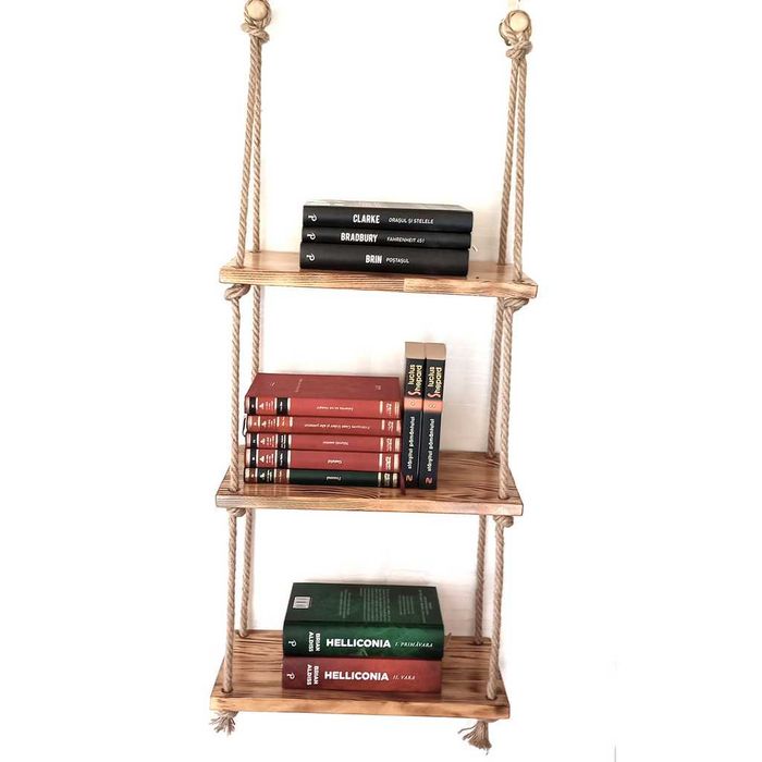 Raft suspendat din lemn ars si sfoara, handmade, rustic