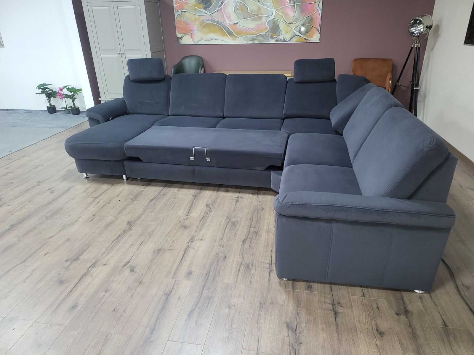 Син П образен ъглов диван от плат с функция сън ZE-EM09003