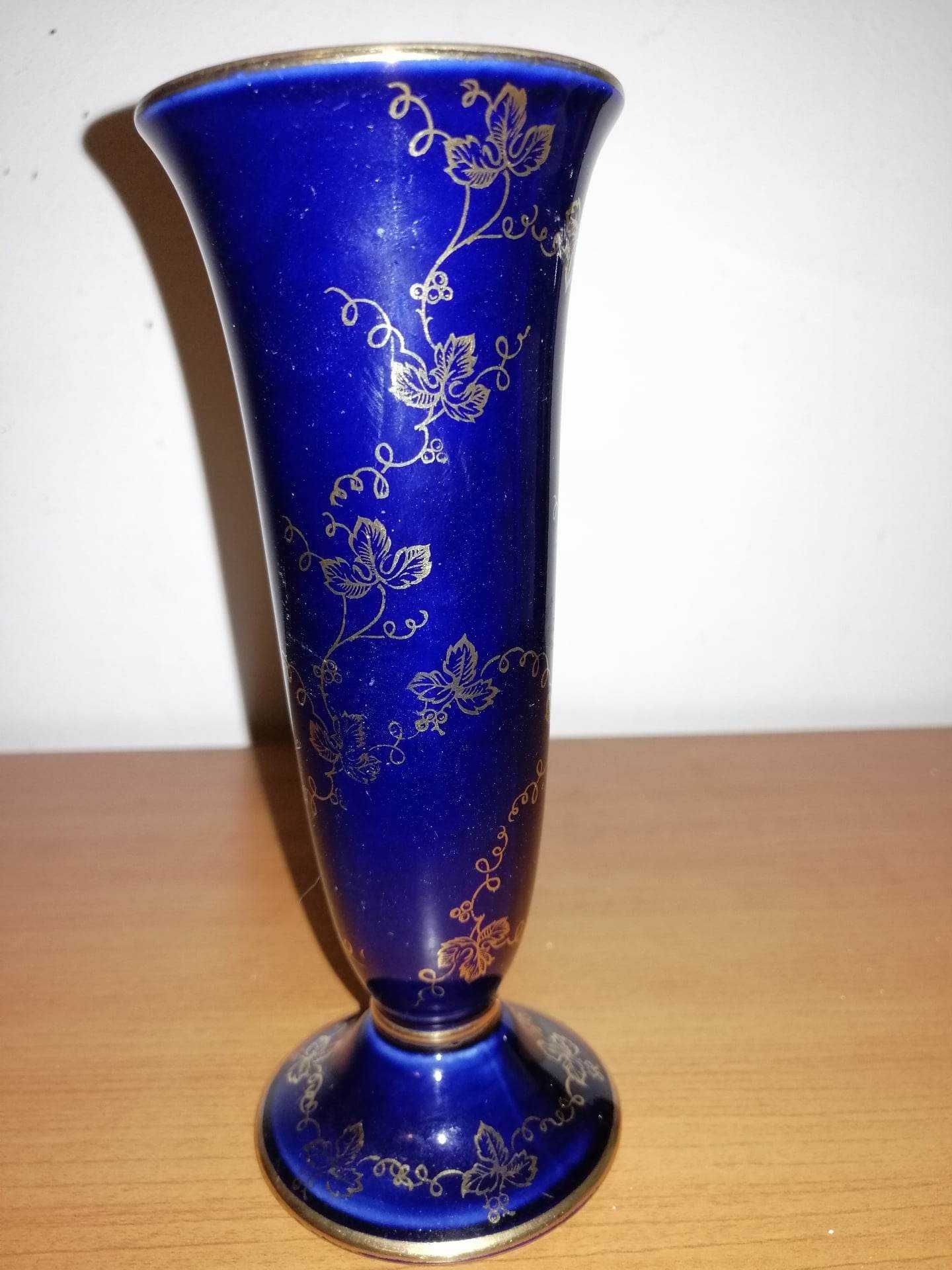 Vaza flori mini platou portelan albastru cobalt auriu Germania 5 piese