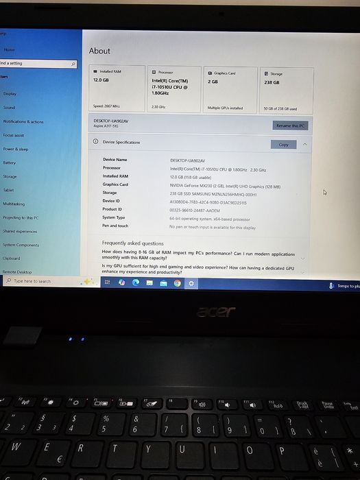 Laptop gaming Acer i7-10510U / Ssd 256gb / 12gb ram / Nvidia Mx230