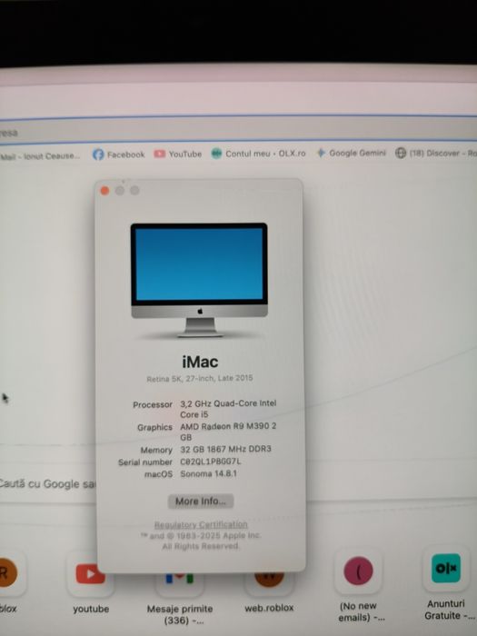 Calculator Apple iMac i5 27inch 5k  32gb RAM, Late 2015, citiți anuntu