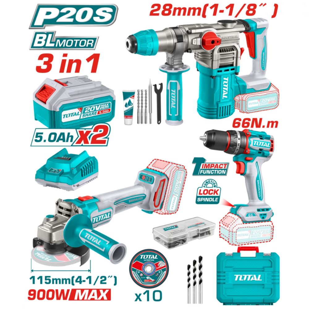 КОМПЛЕКТ Акумулаторни инструменти TOTAL 20 V, 2 X 5 AH,
