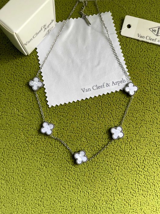 ван клиф колие бял седеф неръждаема стомана детелина van cleef