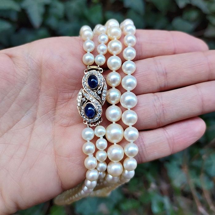 (PROMOTIE) colier perle Akoya, aur 14k, safire, diamante, certif.