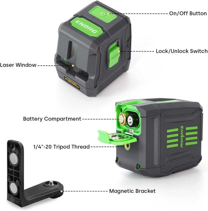 ENVENTOR EN011G зелен самонивелиращ се кръстов лазер 25м IP54