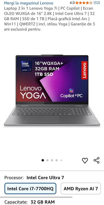 Laptop 2 în 1 Lenovo Yoga 7i | PC Copilot | Ecran OLED WUXGA de 16" 2.