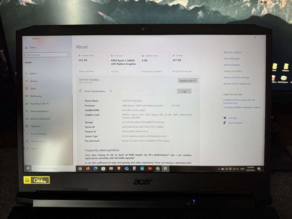 Acer Nitro 5 - RTX 3050 - Ryzen - N20C1 Laptop gaming - Full box