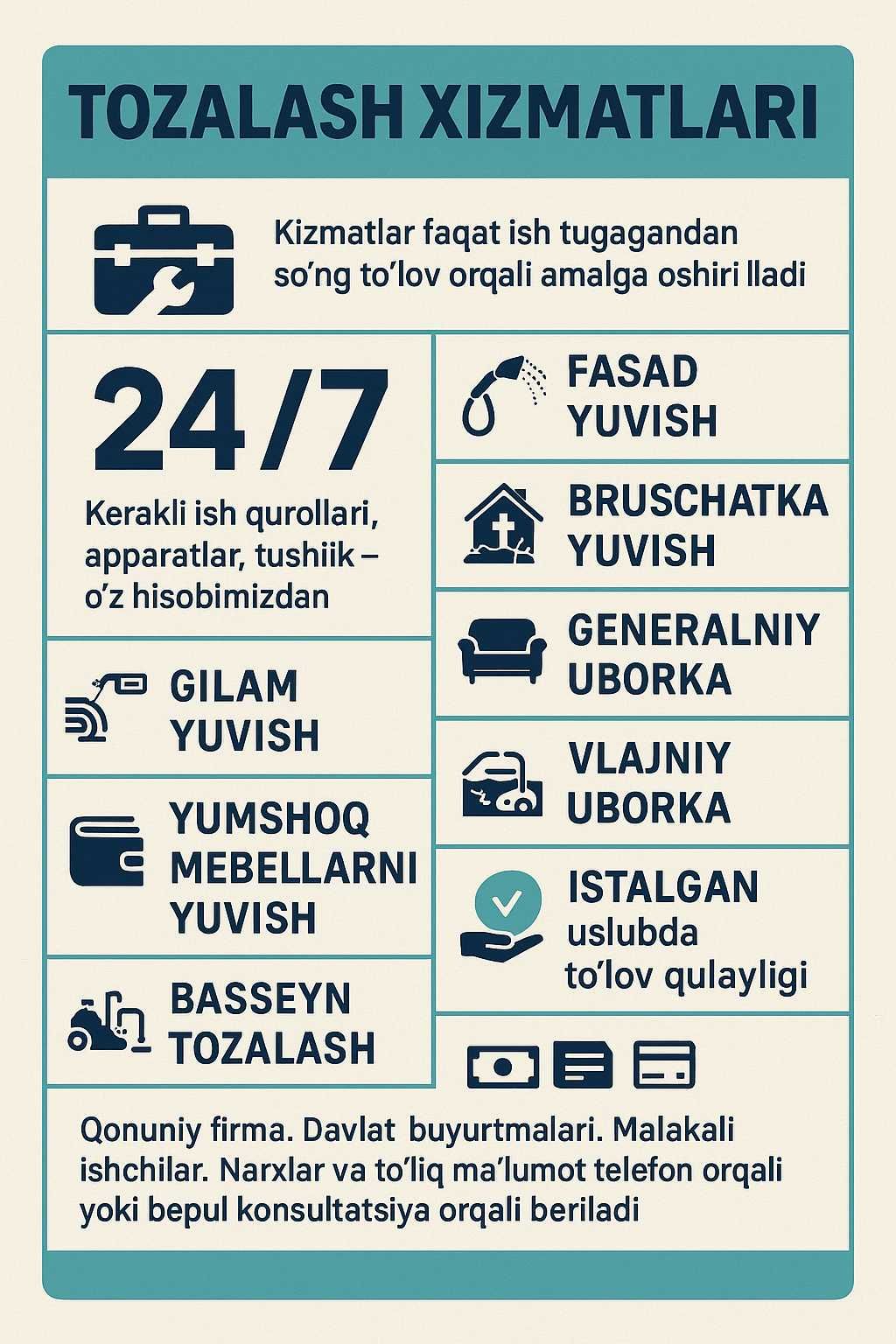 Tozalash (Cleaning) xizmati / Услуги по уборке (Cleaning)
