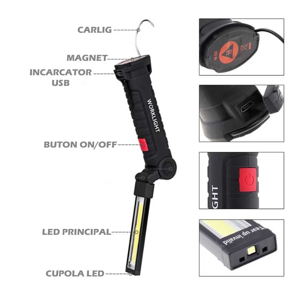 Lanterna Portabila, LED, Magnetica, Incarcare USB, Negru