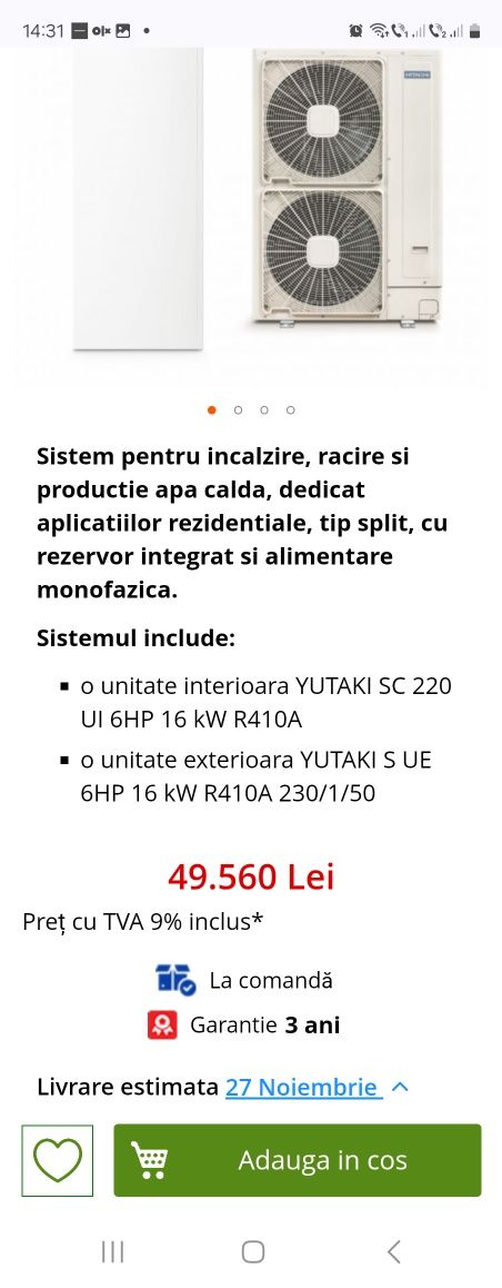 Pompe de caldura Hitachi Yutaki  cu boiler