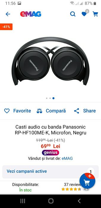 Căști audio cu bandă Panasonic,microfon,negru, RP-HF100ME-K