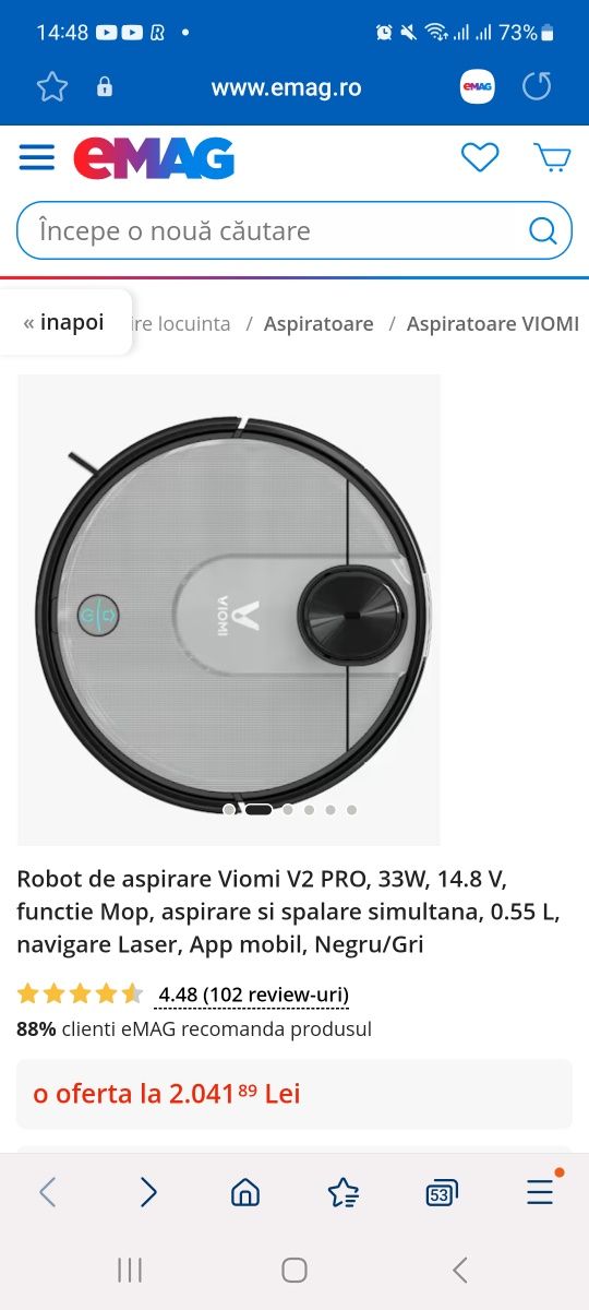 Robot de aspirare Viomi V2 PRO, 33W, 14.8 V, functie Mop, aspirare si