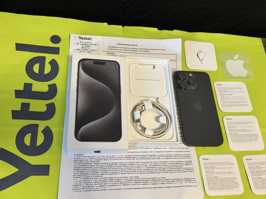 КАТО НОВ 128GB iPhone 15 Pro Yettel Гаранция 2027 Black Черен