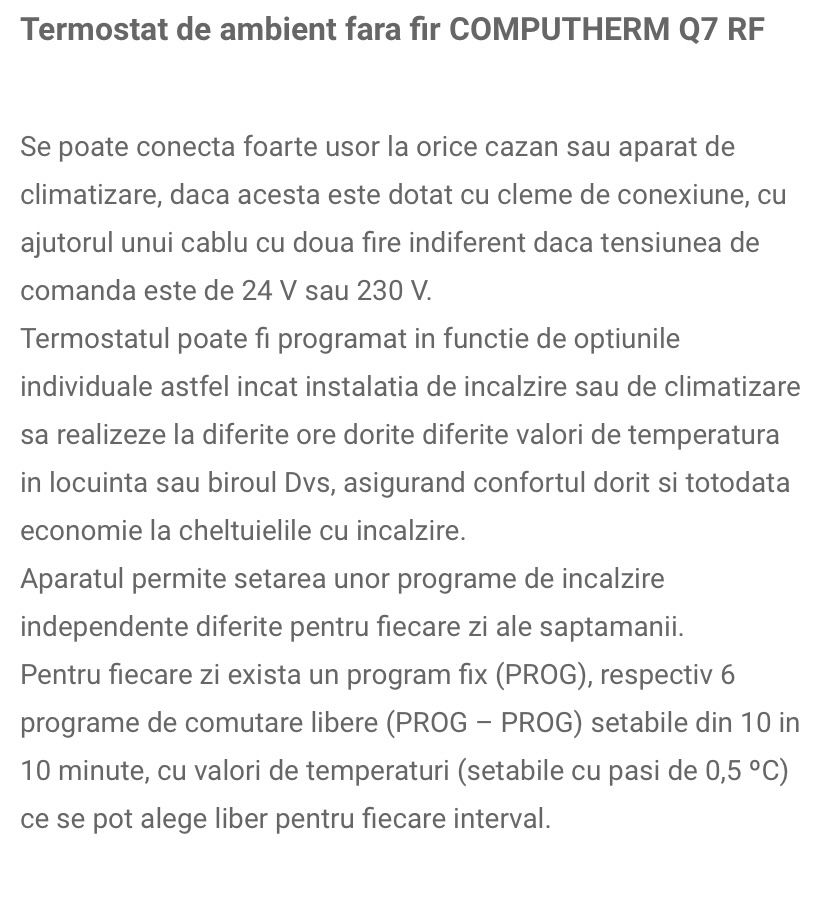 Termostat de ambient Computherm Q7 RF, comanda wireless, programabil