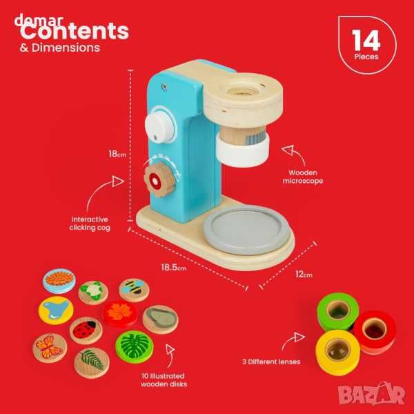 Bigjigs Toys Дървена играчка микроскоп от 14 части с 3 лещи
