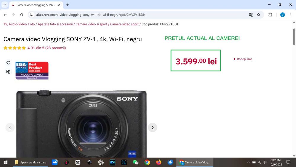 Camera foto Sony ZV1 + Geantă Sony CADOU – Desigilată, dar NEFOLOSITĂ!
