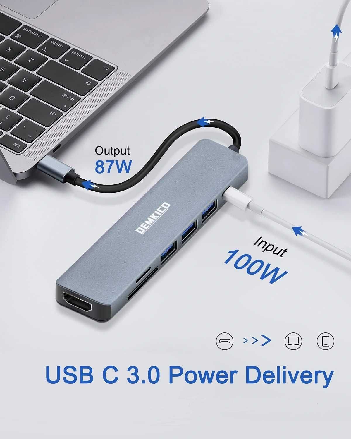 Hub type C 7 in 1 HDMI 4K PD 87W Card Reader 2 USB 2.0 1 USB 3.0