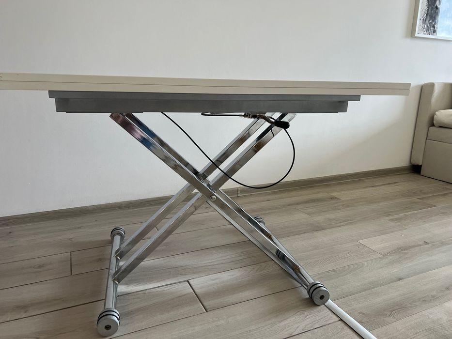 Холна / трапезна маса с повдигащ механизъм, трансформираща - бял гланц