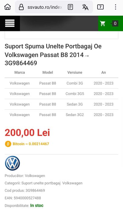 Suport pentru Unelte Oe Volkswagen Passat B8 3G9864469 2014 - 2024