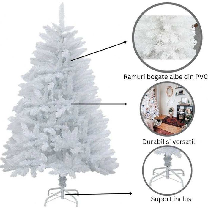 Brad Alb Artificial 120 cm cu Suport – Aspect Elegant de Crăciun