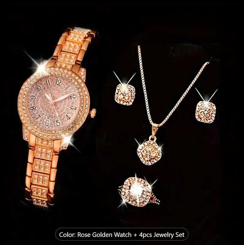 Луксозен кварцов часовник с кристали и комплект бижута.