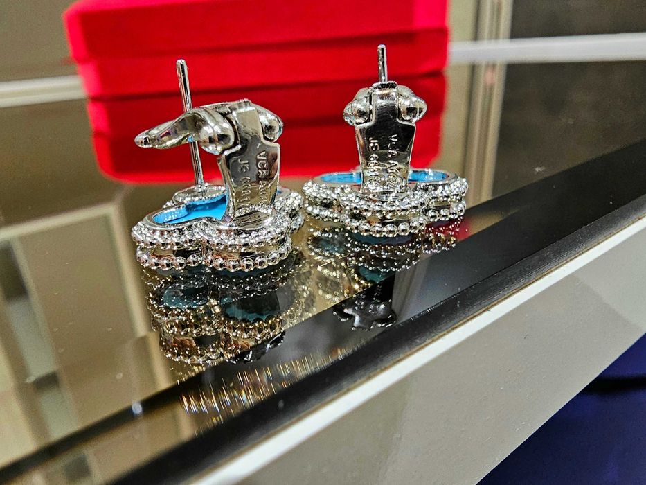 Van Cleef & Arpels VCA Silver Turquoise Alhambra Clips Дамски Обеци