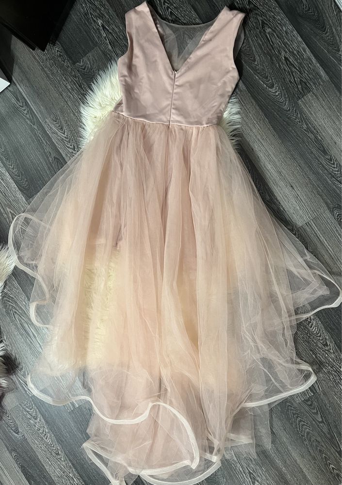 Rochie de ocazie din Tul lunga in spate scurta in fata, roz pudra