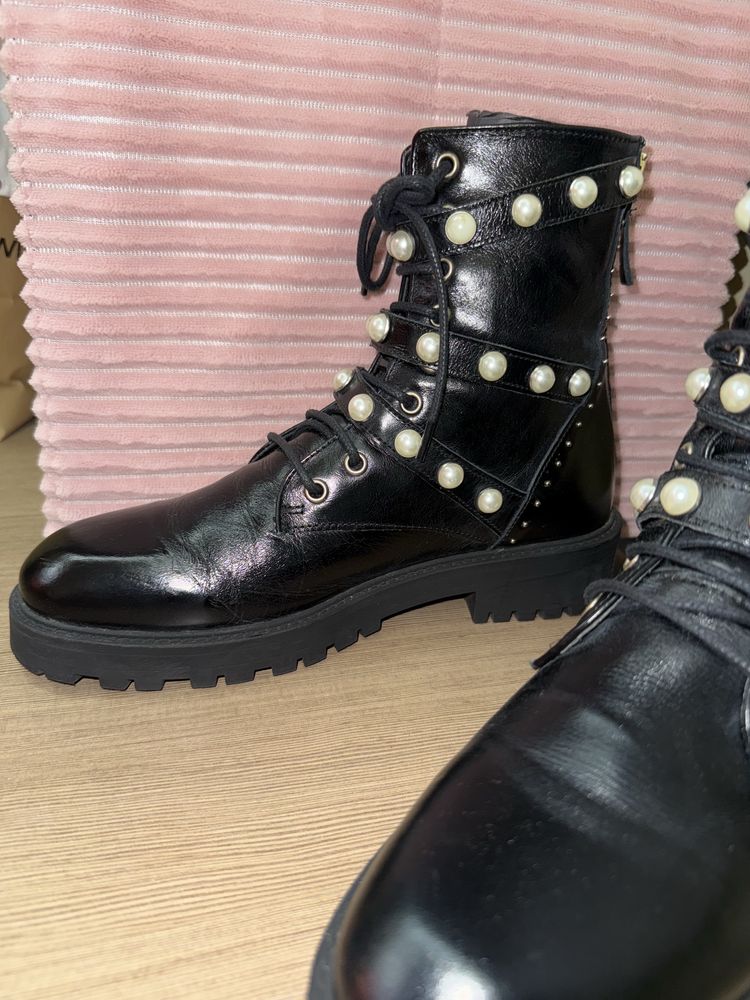 Zara Боти Естествена Кожа с Перли 39 номер