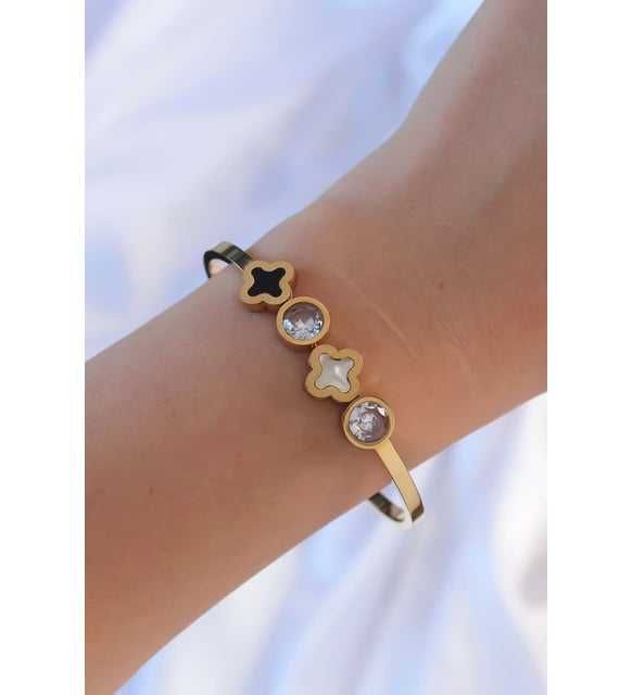 Луксозна гривна с детелини и кристали – медицинска стомана, златна