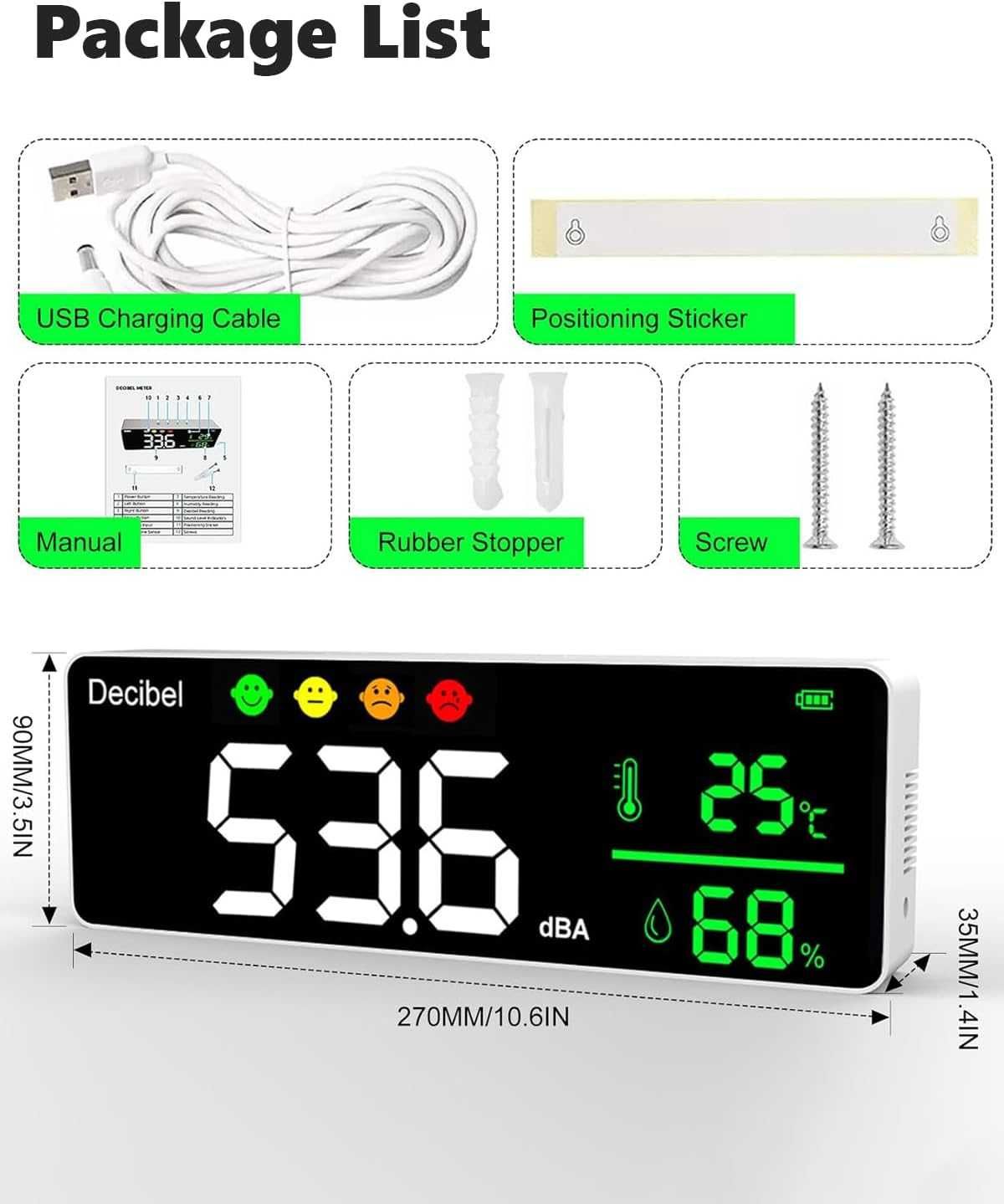 SURLABA Децибеломер за стенен монтаж, 3 в 1, 30~130dB с LED екран
