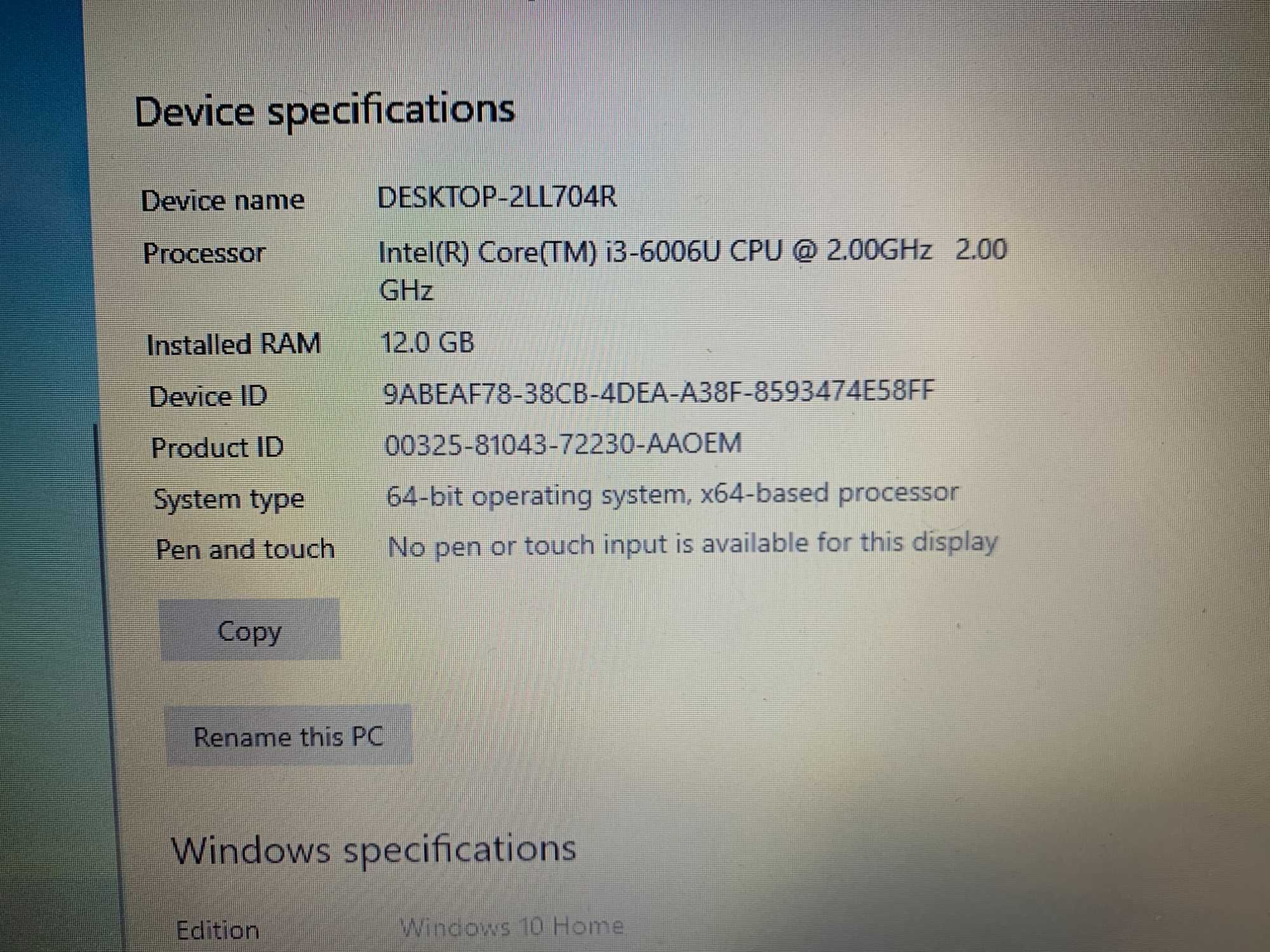 Laptop  HP I3 6006U 12 GB RAM