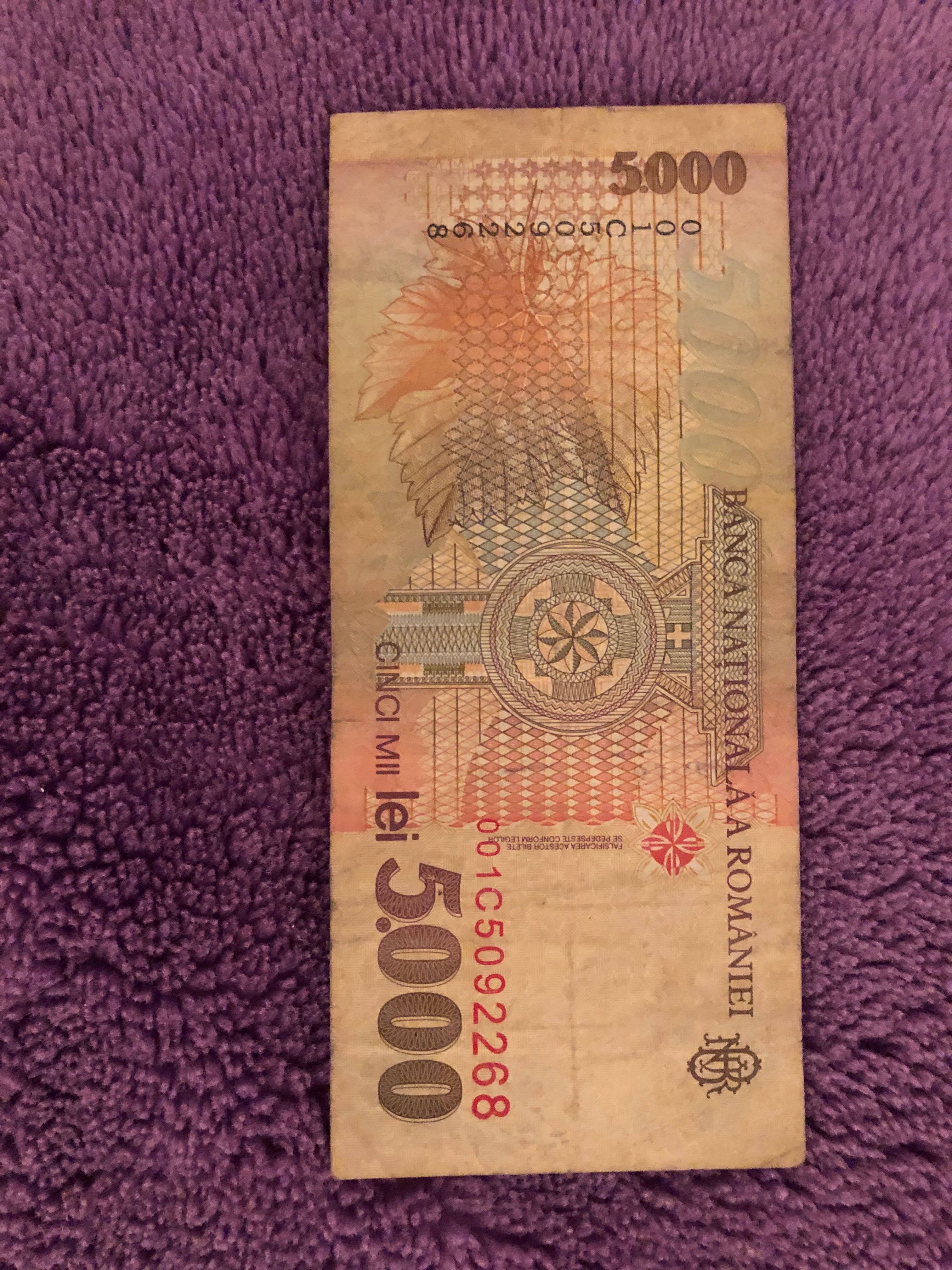 Vand bancnota 5000 lei din 1998, seria 001C, colectionarilor