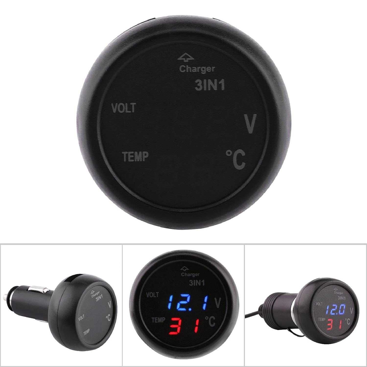 Волтметър за автомобил с термометър и USB порт - 3 in 1