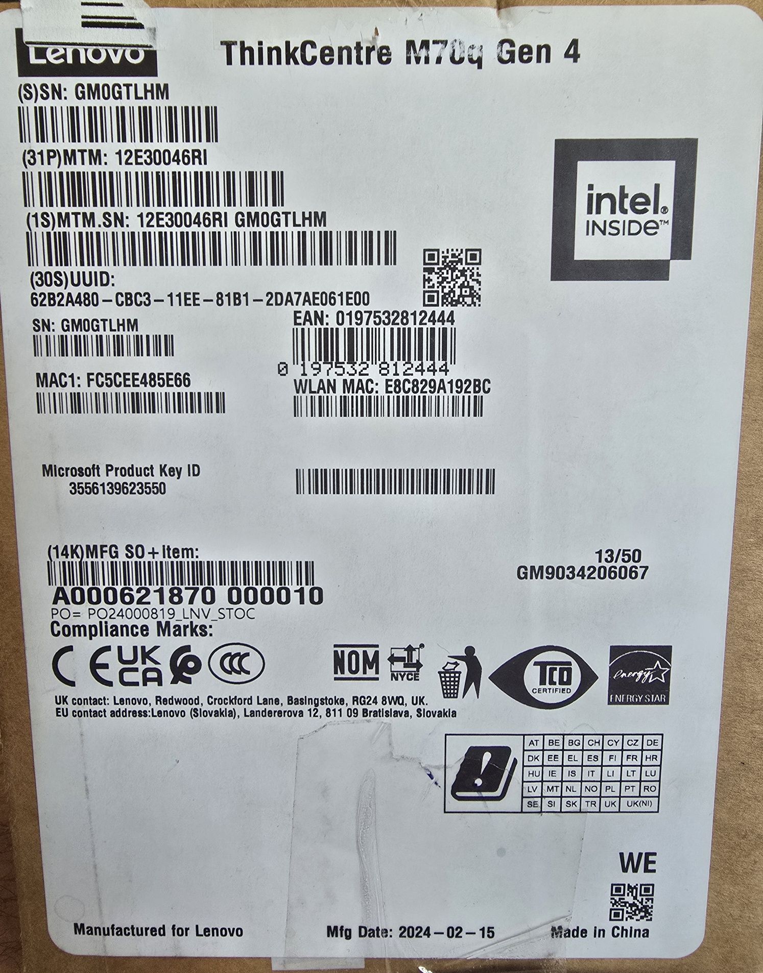 PC LENOVO ThinkCentre M70q Gen 4