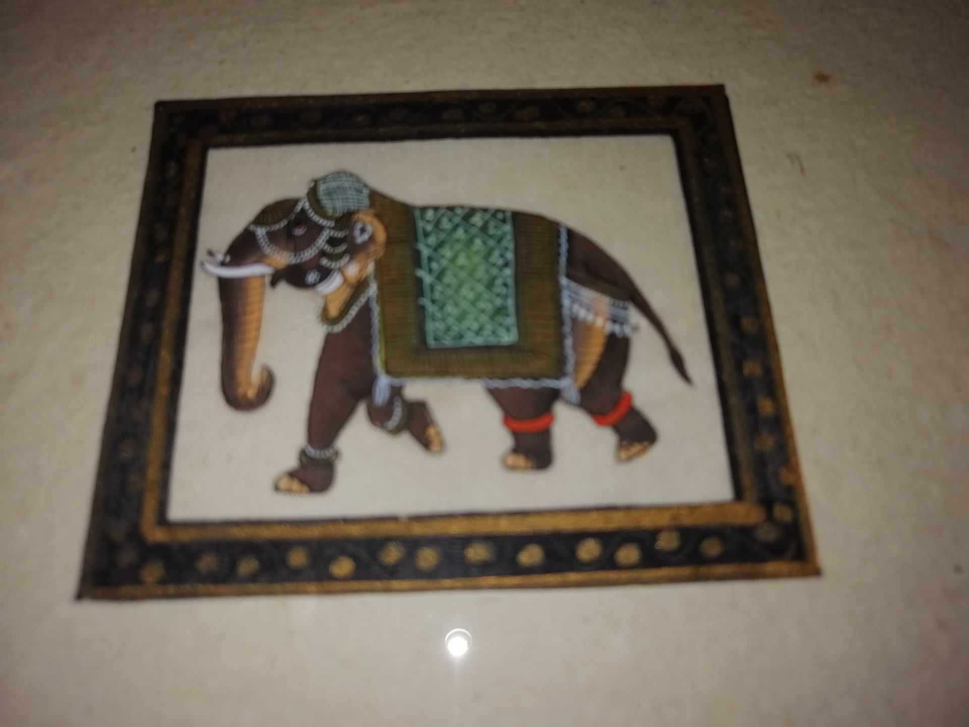 3x Tablou pictura in miniatura elefant India pictat manual pe matase