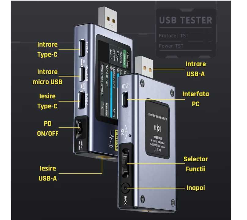 Tester USB  Fnirsi FNB58 E-marker test rezistenta capacitate Bluetooth
