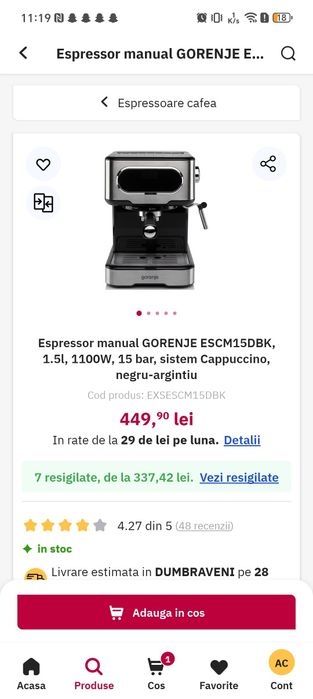 Expressor Gorenje, 1,5l,15 bar, sistem Cappuccino