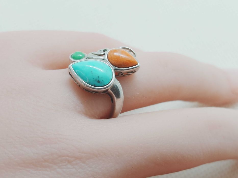 Inel din argint 925 cu turcoaz albastru & verde și coral portocaliu