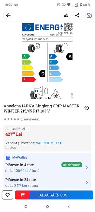 Set 4 anvelope iarnă Linglong Grip Master Winter 215/65 R17 + jante or