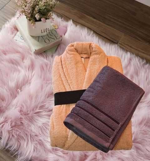 Set halat + prosop baie femei, halat M roz somon + prosop mov, Bumbac