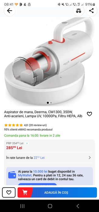 Aspirator de mana, Deerma, CM1300, 350W, Anti-acarieni, Lampa UV,